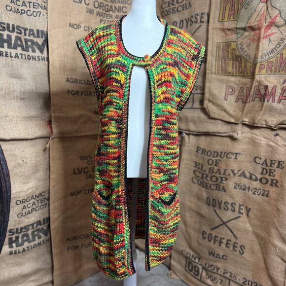 Handmade Sweaters - Handmade Crochet Long Cardigan Vest Rasta Boho Festival Open Front Pockets